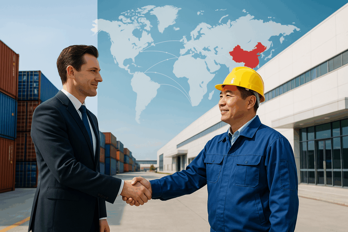 A Western businessperson shaking hands with a Chinese factory manager in front of shipping containers and a modern facility, symbolizing trusted sourcing partnerships in China.