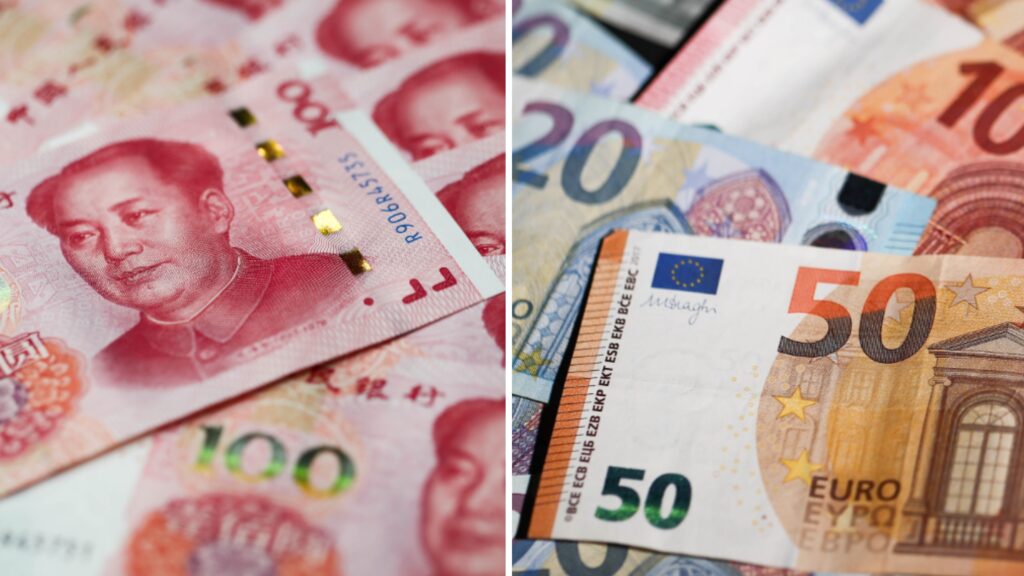 Forex trading screen showing EUR/RMB currency pair fluctuations
