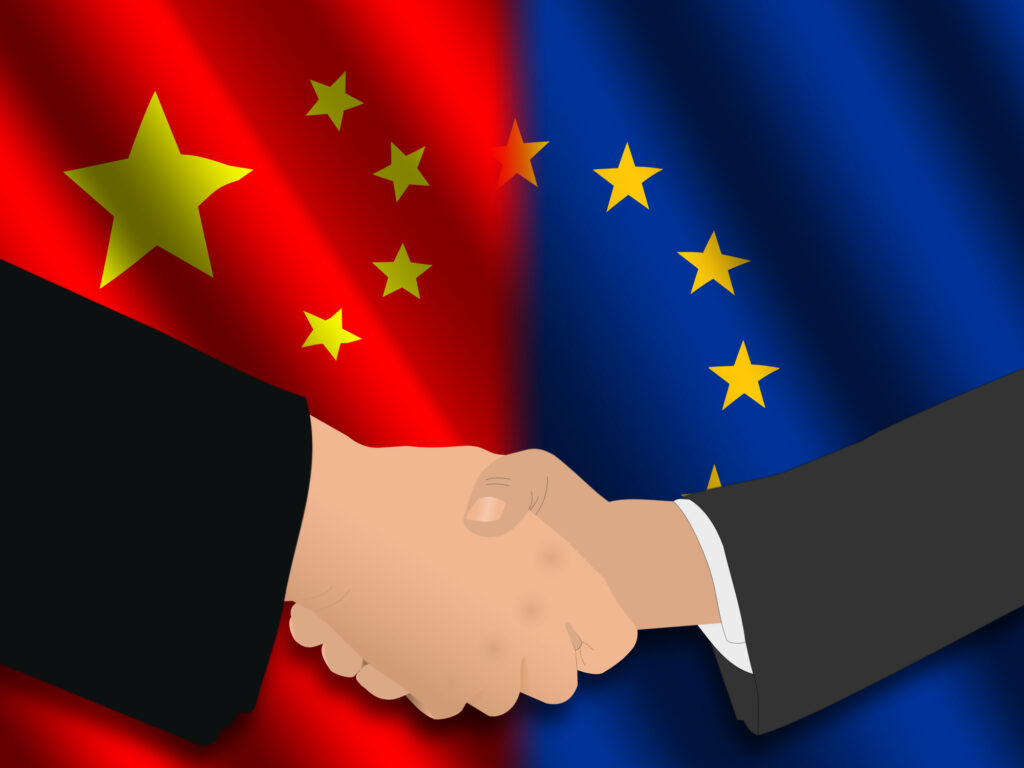A European buyer and a Chinese supplier shaking hands, with the flags of China and the European Union in the background
