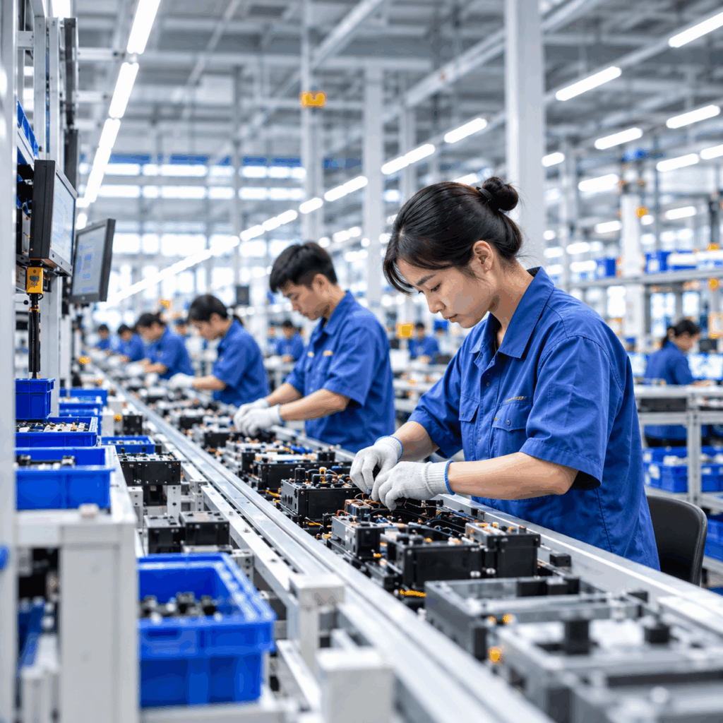 Workers on a manufacturing production line in China